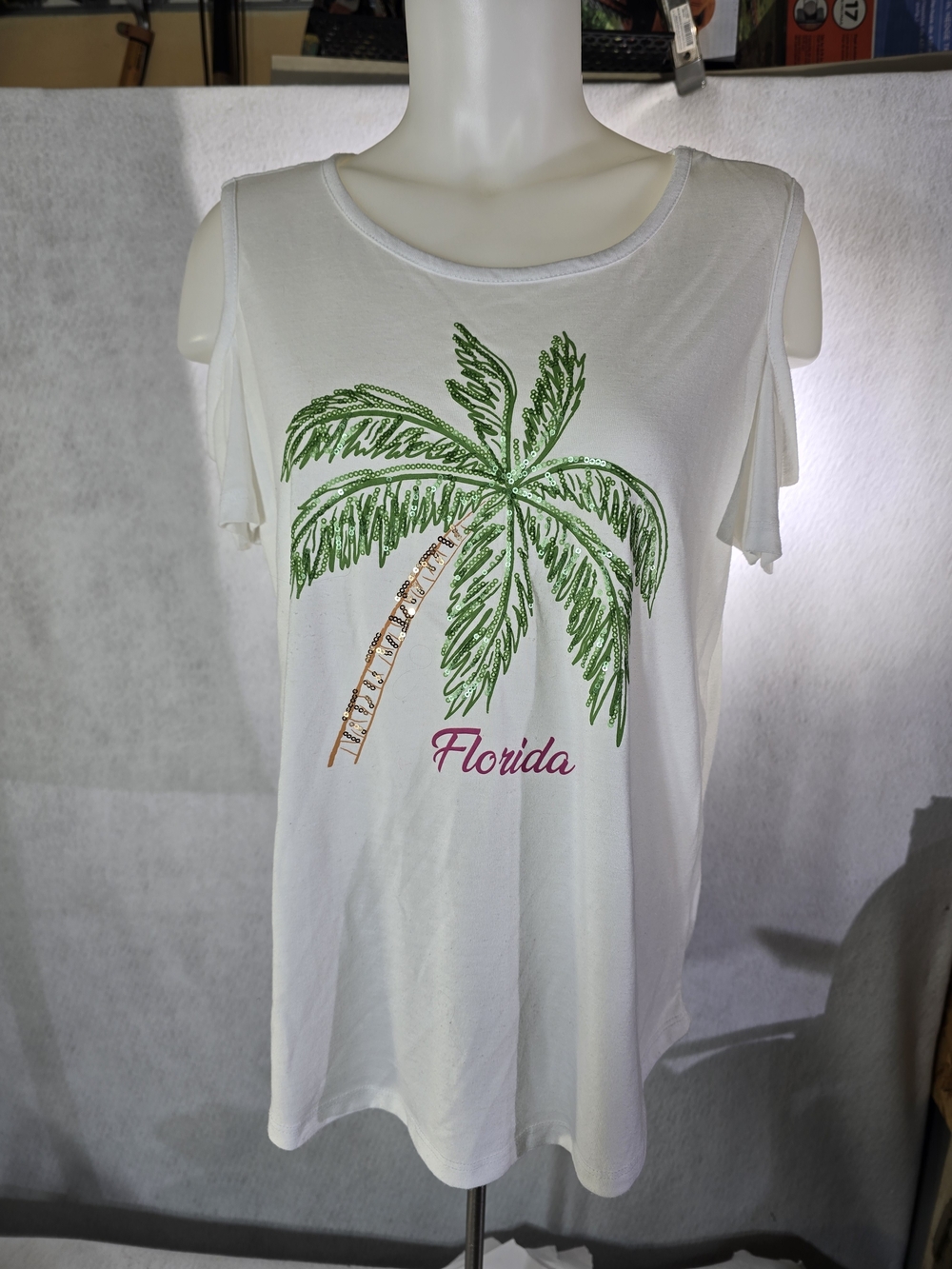 Women’s White Tank Top with Green Palm Graphic - Florida By Sweet Violet Size L